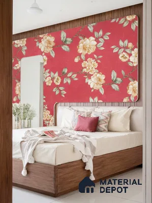 Modern bedroom with floral wallpaper accent wall and walnut wood laminate bed