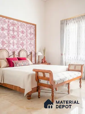 Traditional bedroom with floral wallpaper, natural wood bed, and beige marble floor tiles