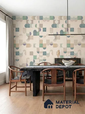 Mid-century modern dining room with geometric patterned wall tiles and natural wood flooring