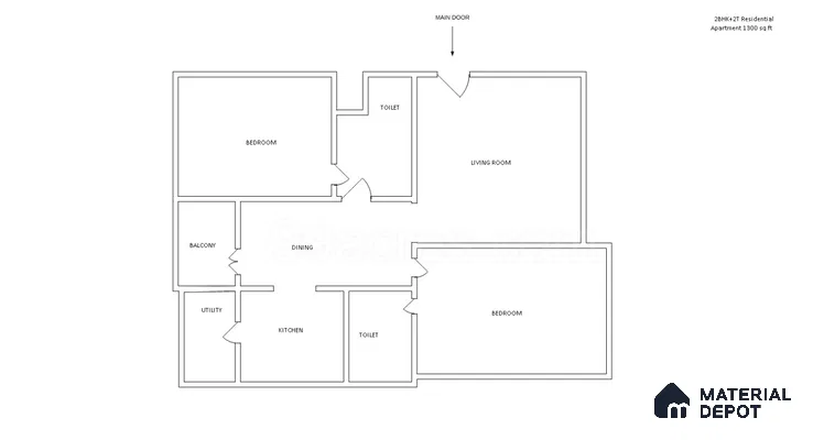 Modern 2BHK apartment floor plan with living, dining, kitchen, balcony, utility, and two bedrooms