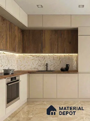 Modern kitchen with beige laminate, walnut wood laminate, mosaic backsplash tile, and marble floor tile
