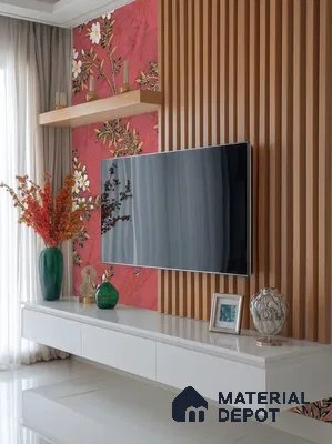 Modern TV unit with floral wallpaper, vertical wood louvers, and glossy white laminate cabinet