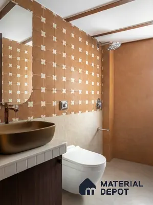 Modern bathroom with terracotta patterned wall tiles and matte beige floor tiles