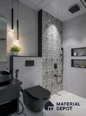 Modern bathroom with grey marble-look tiles and black-and-white patterned highlighter wall tile