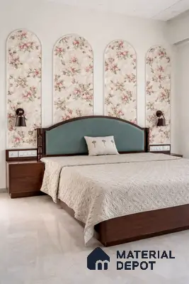 Traditional bedroom with floral wallpaper panels, teal upholstered headboard, and walnut wood furniture