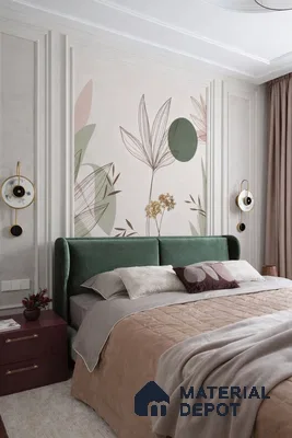 Modern bedroom with botanical abstract wallpaper and green suede upholstered bed