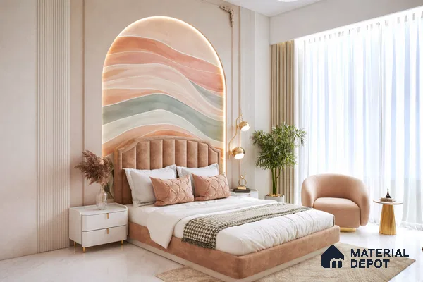 Modern bedroom with pastel wave accent wall, suede upholstered bed, and marble floor tile