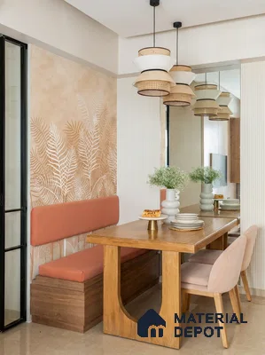 Scandinavian dining room with pastel upholstery, natural wood table, and beige botanical wallpaper