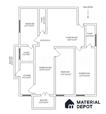 Modern 3BHK apartment floor plan with living, dining, kitchen, bedrooms, and balconies