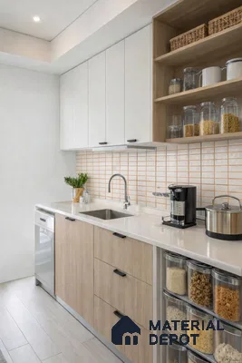 Scandinavian kitchen with white laminate cabinets, light oak wood laminate, and white subway backsplash tile