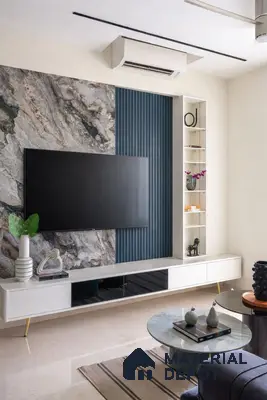 Modern TV unit with marble-look laminate, blue fluted panel, and glossy white floating cabinet