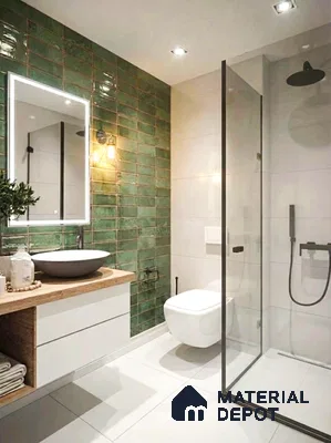 Modern bathroom with green subway wall tiles, white floor tiles, and wood countertop vanity