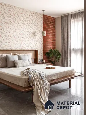 Mid-century modern bedroom with floral wallpaper, exposed brick wall, and grey marble floor tiles