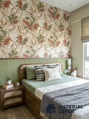 Scandinavian bedroom with floral wallpaper, sage green fluted wall panel, and natural wood bed