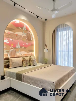 Modern kids room with princess-themed wallpaper, arched backlit panel, and beige upholstery