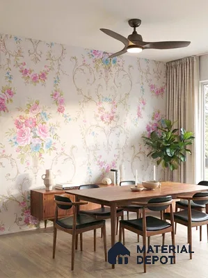 Mid-century modern dining room with floral wallpaper and walnut wood furniture