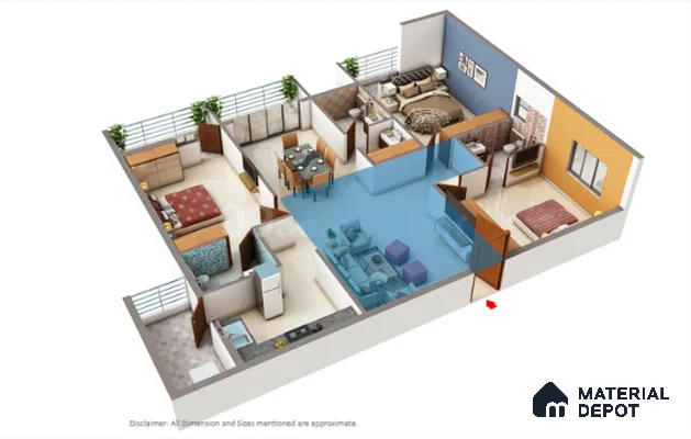 Modern living room with beige floor tiles, blue accent wall, and contemporary furniture