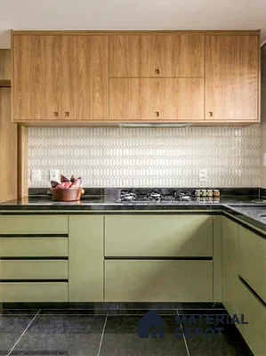 Modern kitchen with olive green laminate, natural oak laminate, and geometric white backsplash tile