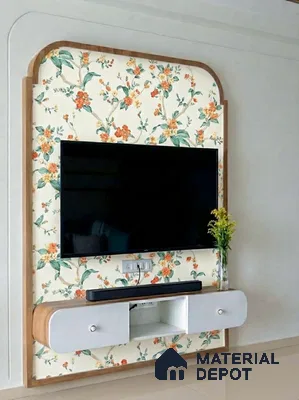 Modern TV unit with floral wallpaper and white laminate floating cabinet