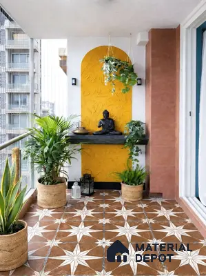 Eclectic balcony with star patterned terracotta floor tiles and yellow textured accent wall
