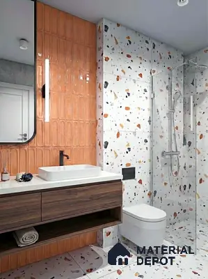 Modern bathroom with terracotta kitkat wall tiles and terrazzo wall and floor tiles