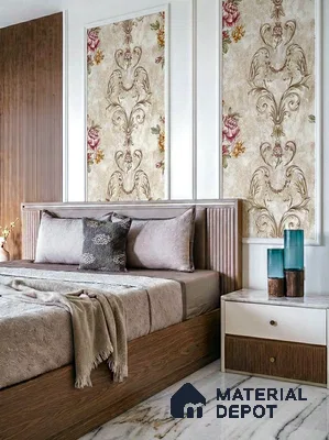 Modern bedroom with floral patterned wallpaper, wood laminate bed, and white marble flooring