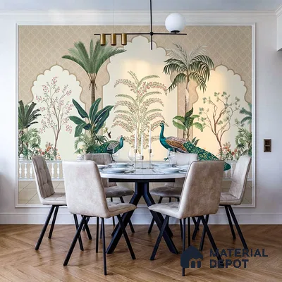 Art Deco dining room with Indian mural wallpaper and herringbone wooden flooring
