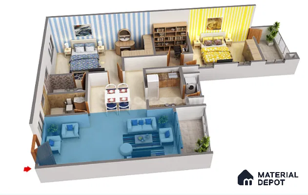Modern Floor Plan with blue flooring, striped wallpaper, and contemporary furniture
