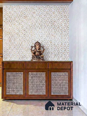 Traditional pooja room with geometric patterned wall tiles and cane-front wooden cabinet