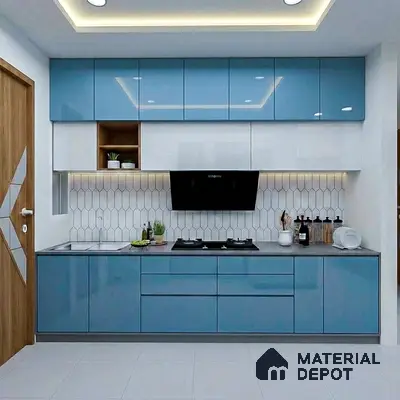 Modern dual tone kitchen with pastel blue and frosty white high gloss laminate, geometric white backsplash tile