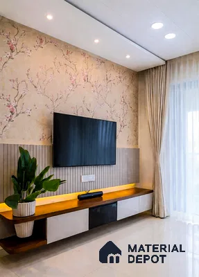 Modern TV unit with floral wallpaper, beige fluted wall panels, and walnut brown laminate