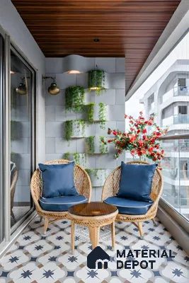 Modern balcony with patterned floor tiles, wooden ceiling, and vertical garden wall of 4 BHK apartment in L&T Raintree Boulevard Hebbal Bengaluru