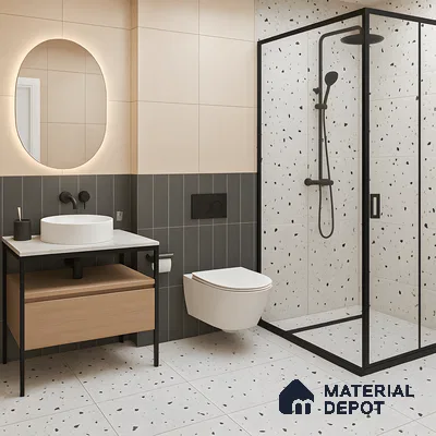 Modern bathroom with terrazzo wall and floor tiles, matte grey wall tiles, and light wood vanity of 4 BHK apartment in L&T Raintree Boulevard Hebbal Bengaluru