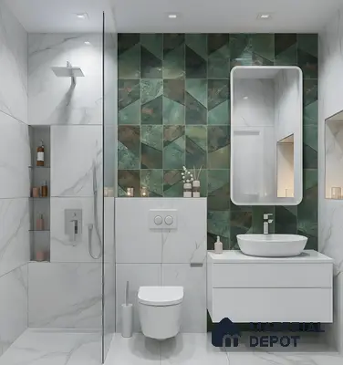 Modern bathroom with green geometric wall tiles and white marble-look tiles of 4 BHK apartment in L&T Raintree Boulevard Hebbal Bengaluru