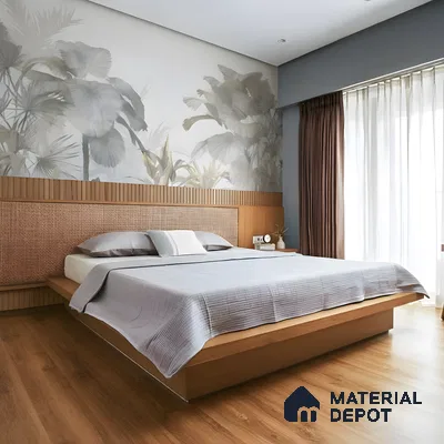 Japandi bedroom with natural wood flooring, fluted wood headboard, and botanical wallpaper of 4 BHK apartment in L&T Raintree Boulevard Hebbal Bengaluru