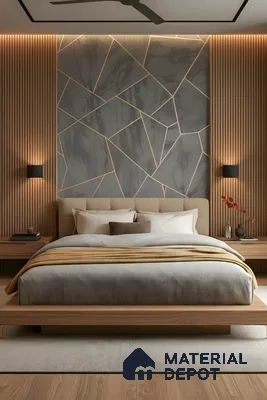 Modern bedroom with geometric accent wall, vertical wood louvers, and light oak flooring of 4 BHK apartment in L&T Raintree Boulevard Hebbal Bengaluru