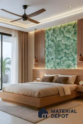 Scandinavian bedroom with natural wood laminate, fluted wall panels, and green tropical wallpaper accent of 4 BHK apartment in L&T Raintree Boulevard Hebbal Bengaluru