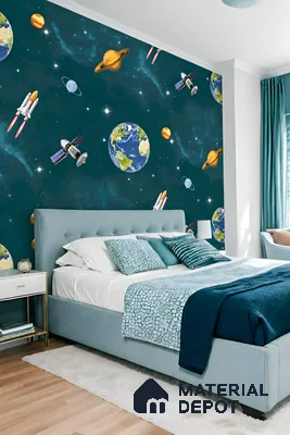 Modern kids room with space-themed wallpaper and teal upholstered bed of 4 BHK apartment in L&T Raintree Boulevard Hebbal Bengaluru
