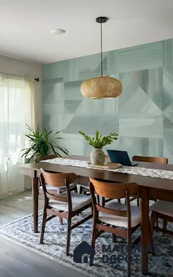 Scandinavian dining room with sage green geometric wallpaper and walnut wood dining set of 4 BHK apartment in L&T Raintree Boulevard Hebbal Bengaluru