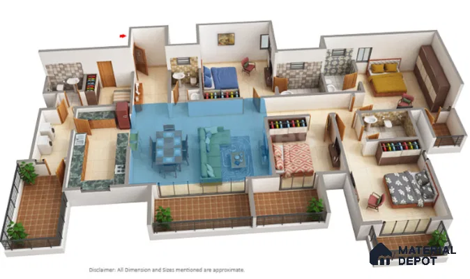 Modern living room with beige floor tiles and open plan layout of 4 BHK apartment in L&T Raintree Boulevard Hebbal Bengaluru