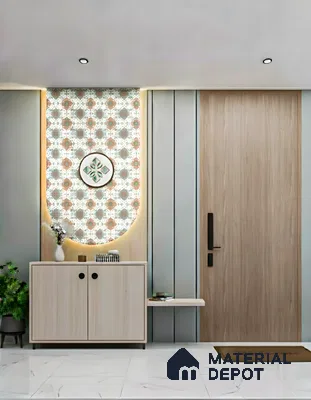 Modern foyer with patterned tile accent, light wood laminate console, and marble floor tile of 4 BHK apartment in L&T Raintree Boulevard Hebbal Bengaluru