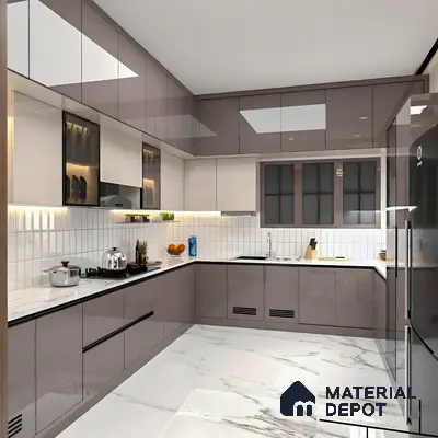 Modern L-shaped kitchen with glossy taupe and white laminate, white quartz countertop, and marble-look floor tiles of 4 BHK apartment in L&T Raintree Boulevard Hebbal Bengaluru