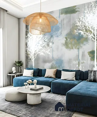 Modern living room with blue velvet sofa, nature-inspired wallpaper, and light wood flooring of 4 BHK apartment in L&T Raintree Boulevard Hebbal Bengaluru