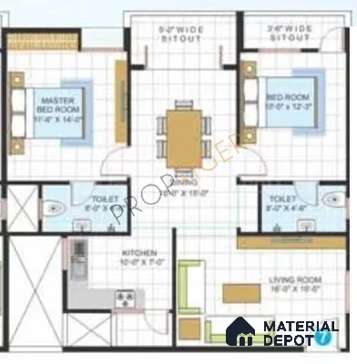 Modern 3BHK apartment layout with tiled flooring and modular kitchen