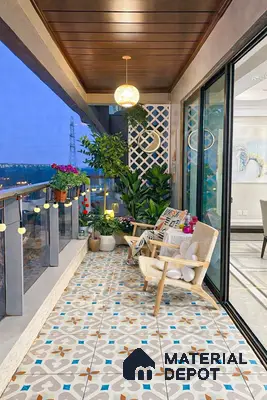 Eclectic balcony with patterned moroccan floor tiles and wooden ceiling panels