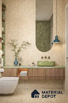 Modern bathroom with beige terrazzo wall and floor tiles, green marble countertop, and wooden vanity