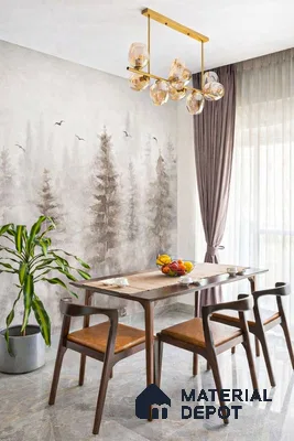 Scandinavian dining room with nature-inspired wallpaper, walnut wood dining set, and grey marble floor tiles