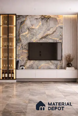 Modern TV unit with grey and gold marble laminate accent wall, beige fluted panels, and marble-look floor tiles