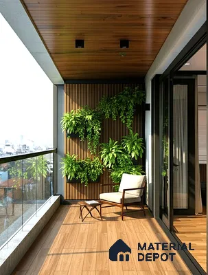 Modern balcony with wood-look floor tiles, vertical wooden louvers, and green wall planters in LVS Gardenia Hallehalli 3 BHK apartment Bengaluru