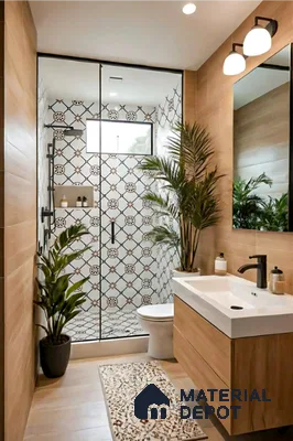 Modern bathroom with wood-look wall tiles, patterned black-and-white shower tiles, and floating wood vanity in LVS Gardenia Hallehalli 3 BHK apartment Bengaluru